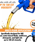 Heavy Duty Electric Drum Pump Blasts Through Fluids At Five Gallons Per Minute Fast Barrel Transfer featuring blue nozzle pouring fluid.