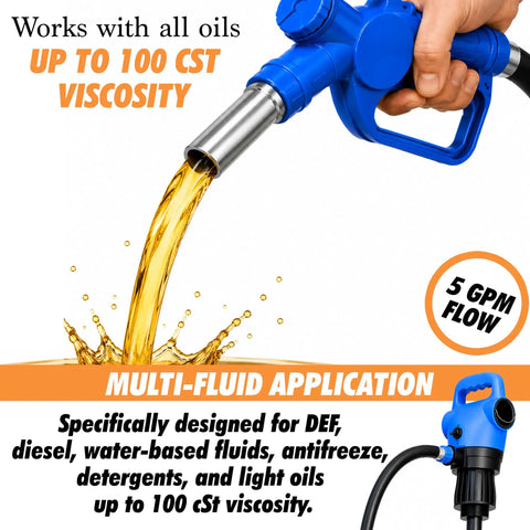 Heavy Duty Electric Drum Pump Blasts Through Fluids At Five Gallons Per Minute Fast Barrel Transfer featuring blue nozzle pouring fluid.