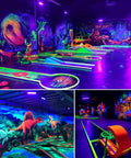 Glow-in-the-dark mini-golf course illuminated by Triple Pack 100W LED Black Lights Flood Lamps With Plug And Switch, 120V IP66 Waterproof Blacklight for Halloween Parties, Glow In The Dark, Stage Lighting, Body Paint, Neon Glow.