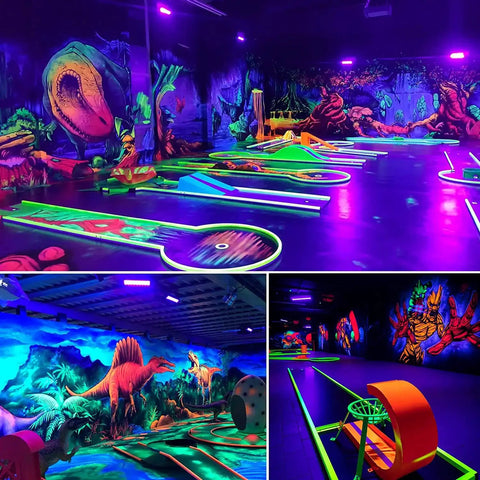 Glow-in-the-dark mini-golf course illuminated by Triple Pack 100W LED Black Lights Flood Lamps With Plug And Switch, 120V IP66 Waterproof Blacklight for Halloween Parties, Glow In The Dark, Stage Lighting, Body Paint, Neon Glow.