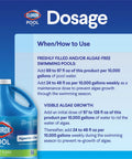 Swimming Pool Algaecide Clarifier Heavy Duty Solution Crushes Stubborn Algae For Good While Sweeping Out Gunk To Keep Your Water Crisp Clear As Glass In A 128 Oz Container dosage instructions on blue background