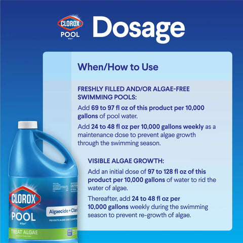 Swimming Pool Algaecide Clarifier Heavy Duty Solution Crushes Stubborn Algae For Good While Sweeping Out Gunk To Keep Your Water Crisp Clear As Glass In A 128 Oz Container dosage instructions on blue background