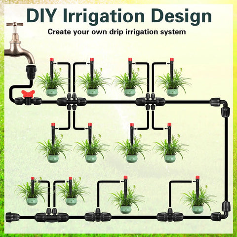 Diagram showing layout of 20 Piece Half Inch Drip Irrigation Fittings Kit For DIY Watering System With Elbows Switch Valves End Caps Couplings