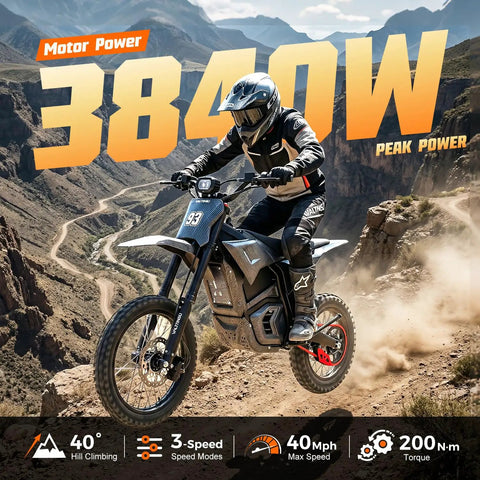 Rider on Electric Dirt Bike With Lights And Display For Off Road Adventures, 3840W Power, Three Speed Modes Up To 40 MPH, 48V Battery