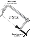 Sliding Arm Clamp Kit 20.5 Inch Heavy Duty with 2,400 Lbs Clamping Force displaying 5.5 inch throat depth and clamp details