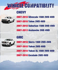 Vehicle compatibility chart for Beefy Aluminum Forged Upper Control Arms For 2 To 4 Inch Lift with Chevy and GMC models 2007-2018.