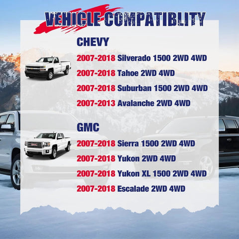 Vehicle compatibility chart for Beefy Aluminum Forged Upper Control Arms For 2 To 4 Inch Lift with Chevy and GMC models 2007-2018.