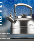 Whistling Tea Kettle For Stovetop 2.3 Quart Stainless Steel Teapot with ergonomic handle, shown in side view on dark background.