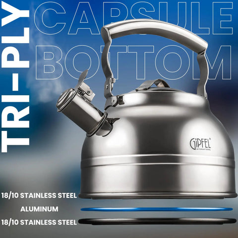 Whistling Tea Kettle For Stovetop 2.3 Quart Stainless Steel Teapot with ergonomic handle, shown in side view on dark background.