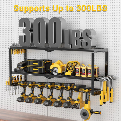 Heavy Duty Tool Organizer Wall Mount Rack With 3-Tier Extra Tall Metal Shelf, 8 Drill Holders And Battery Storage, 300 Lb Capacity
