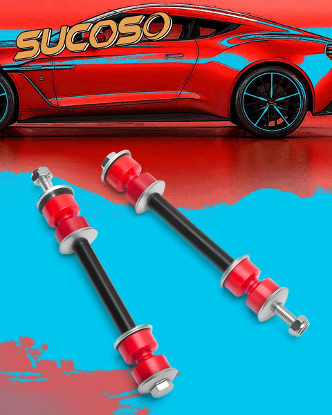 Chevy Silverado GMC Sierra 1500 Sway Bar Link Kit 2007-2018 Stabilizer Upgrade With Polyurethane Bushings For Reduced Body Roll And Tight Handling On Rough Roads. Red sway bar links with black steel rods