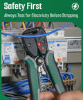 Self Adjusting Wire Stripper With Non Contact Voltage Detection 4 In 1 Automatic Wire Stripping Tool in use on electrical panel