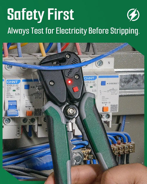 Self Adjusting Wire Stripper With Non Contact Voltage Detection 4 In 1 Automatic Wire Stripping Tool in use on electrical panel