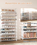 Heavy Duty Ten Tier Shoe Rack Wide Metal Organizer Tall Entryway Storage Shelf With Coat Hooks in white, showing assembled tiers with shoes.