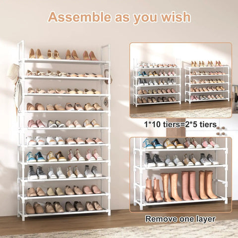 Heavy Duty Ten Tier Shoe Rack Wide Metal Organizer Tall Entryway Storage Shelf With Coat Hooks in white, showing assembled tiers with shoes.
