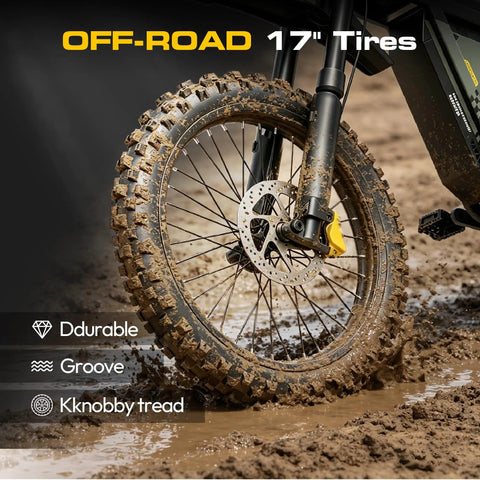 Powerful 7000W Peak Electric Dirt Bike for Adults with muddy 17 inch dirt tires and dual suspension on trail
