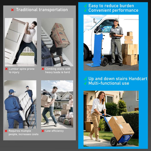 Heavy Duty Electric Stair Climbing Dolly 900 Lbs Capacity shown in use for moving boxes and furniture up stairs and across flat ground.