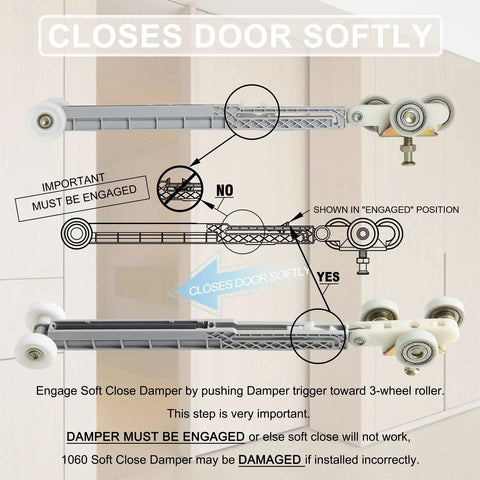 Diagram of Two Pack Pocket Door Soft Close Top Hanger Assemblies Bi Directional Operation Fits 100 Series Tracks Works With 1500 1560 1562 Doors 1 Inch Nylon Ball Bearing Tri Wheel showing engagement steps.