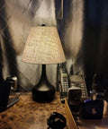Black Linen Cone Barrel Lamp Shade Set Of 2 For Floor And Table Lamps, 7x14x9 Inches, on a bedside table next to decor items
