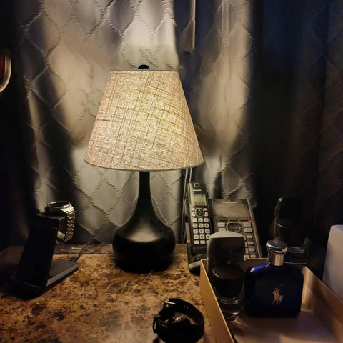 Black Linen Cone Barrel Lamp Shade Set Of 2 For Floor And Table Lamps, 7x14x9 Inches, on a bedside table next to decor items
