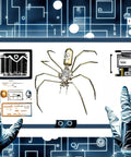 Metal Spider Model Kit For Adults With Brass Gears And Steampunk Flair on screen with circuit board graphics in futuristic setting
