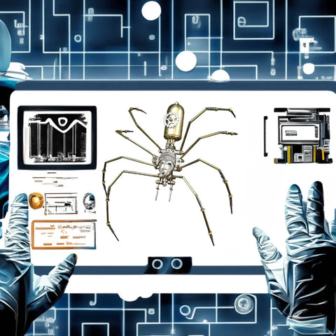 Metal Spider Model Kit For Adults With Brass Gears And Steampunk Flair on screen with circuit board graphics in futuristic setting