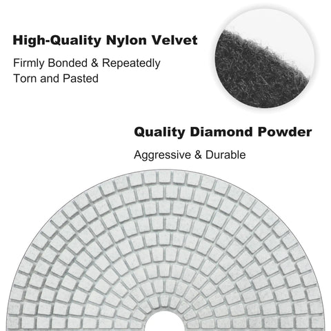 Close-up of 7-inch diamond polishing pad, showing quality diamond powder and high-quality nylon velvet surface texture.