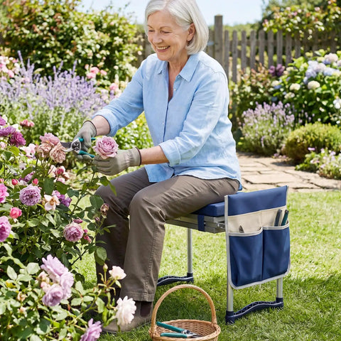 Senior woman gardening using Two In One Garden Kneeler And Seat Grab And Go Foldable With Extra Wide EVA Kneeling Pad Detachable Tool Pouch