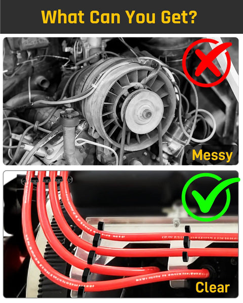 Comparison of messy engine wires with clean setup using Spark Plug Wire Separator Kit With Chrome Plated Brackets For 8mm To 9mm Wires.
