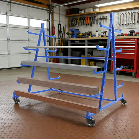 Heavy Duty Five Tier Rolling Storage Rack With Rust Proof Iron Frame And Four Swivel Brake Wheels in a garage setting.