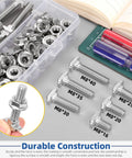 120 Pcs M8 T Slot Drop In Bolts With Hex Flange Nuts Hammer Head T Bolts In 16 20 25 30 35 40 Millimeter T Shape Stud Sliding Screws All In One Kit For Heavy Duty Aluminum Extrusion Projects, showing various bolt sizes next to an organizer case with nuts and bolts visible.