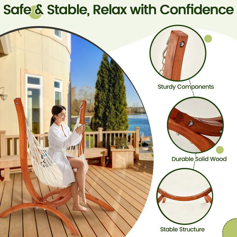 Premium Wooden Hammock Stand for Indoor and Outdoor Use, Heavy Duty Solid Wood Frame Supports Up to 500 Lbs, Weather Resistant with Sun Protection, Safe and Stable Design, Hammock Not Included. Female seated, near house and lake.
