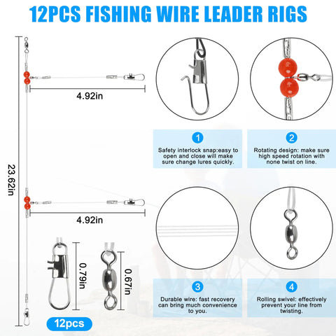 Diagram of Surf Fishing Tackle Kit with 12 Leader Rigs showing dimensions and features for heavy duty coastal shoreline fishing.