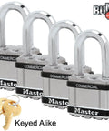 Four Keyed Alike Padlocks With Eight Keys, 2 Inch Shackle, BumpStop Tech, stainless steel, weather-resistant lock set with keys visible