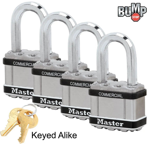 Four Keyed Alike Padlocks With Eight Keys, 2 Inch Shackle, BumpStop Tech, stainless steel, weather-resistant lock set with keys visible