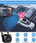 HD night vision reversing backup camera showing 180° view angle, parking assistance, wireless CarPlay screen integration.