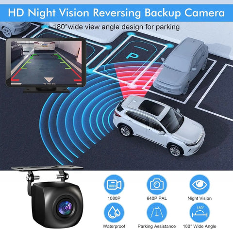 HD night vision reversing backup camera showing 180° view angle, parking assistance, wireless CarPlay screen integration.