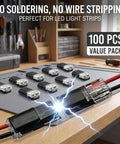 Two Pin Quick Clip Wire Connectors With Locking Buckle For Quick DIY Wiring, 100 Pack displayed on a workbench