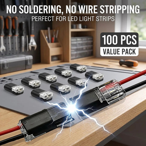 Two Pin Quick Clip Wire Connectors With Locking Buckle For Quick DIY Wiring, 100 Pack displayed on a workbench