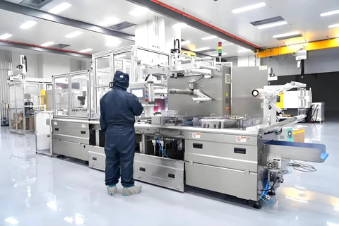 Technician operating automated manufacturing equipment in a cleanroom facility.