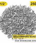 Rock Solid Two Fifty Pack Number Eight By One Half Inch Forty One Stainless Steel Self Tapping Wood Screws With Phillips Bit in a pile of 250 pieces.