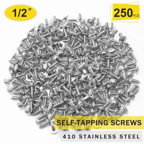 Rock Solid Two Fifty Pack Number Eight By One Half Inch Forty One Stainless Steel Self Tapping Wood Screws With Phillips Bit in a pile of 250 pieces.