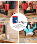 Collage showing 18 Gauge Brad Nails Kit 6000 Count With 3/4 Inch, 1-1/4 Inch, 1-1/2 Inch And 2 Inch Nails in use with different nailers
