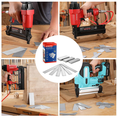 Collage showing 18 Gauge Brad Nails Kit 6000 Count With 3/4 Inch, 1-1/4 Inch, 1-1/2 Inch And 2 Inch Nails in use with different nailers