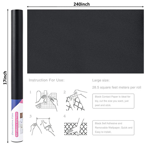 Black Peel And Stick Wallpaper 17 Inch By 240 Inch Matte Black Contact Paper Removable Waterproof Vinyl For Cabinets Countertops And Walls Self Adhesive No Mess Install with roll dimensions displayed and installation illustrations.