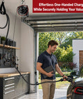 Slick Overhead EV Charging Cable Organizer With Universal Retractable Cord Reel in use for charging a Tesla vehicle in a garage.