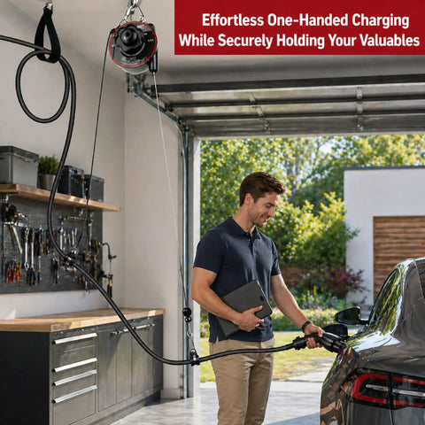 Slick Overhead EV Charging Cable Organizer With Universal Retractable Cord Reel in use for charging a Tesla vehicle in a garage.