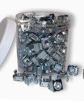 Pro Grade Snap In 10-32 Zinc Plated Cage Nuts 100 Pack in clear container for server rack hardware installation.