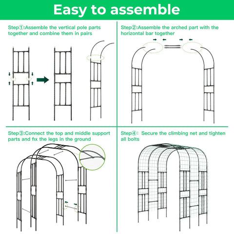 Assembly instructions for Big Ol 7.22 Foot Tall Double Arch Garden Trellis with steps and diagrams.