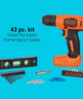 Eight Volt Max Cordless Drill With Forty Three Piece Home Decor Project Kit Including Level And Bits And Fasteners